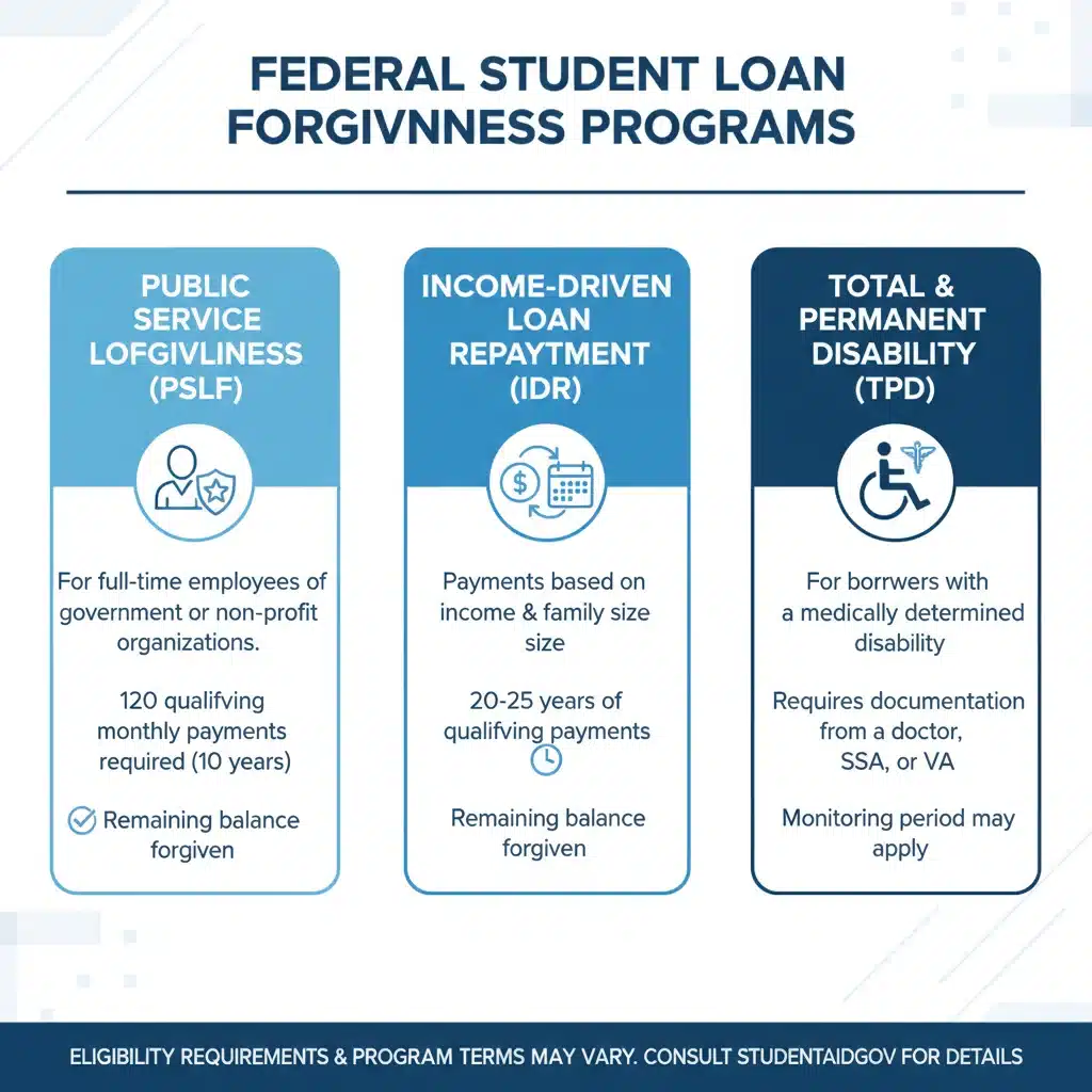 Infographic detailing various federal student loan forgiveness programs and their eligibility criteria.
