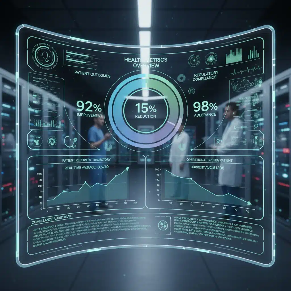Digital dashboard showing real-time healthcare metrics and compliance data