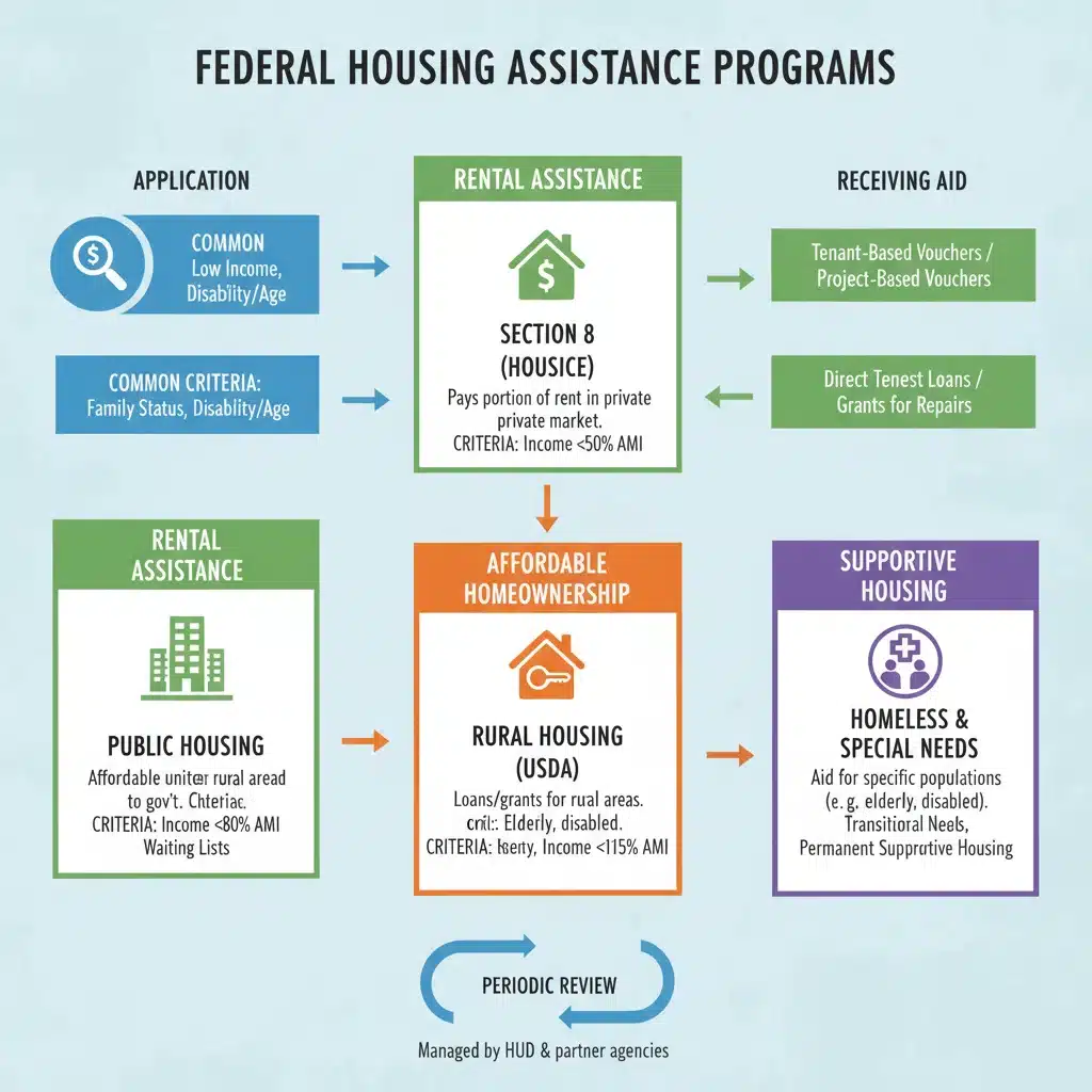 Infographic detailing various federal housing assistance program categories and eligibility.