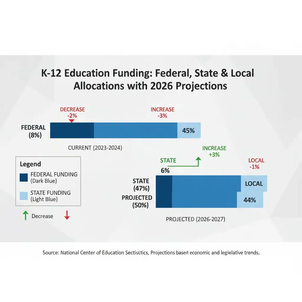 Infographic depicting K-12 funding sources and projected changes for 2026, including federal, state, and local contributions.