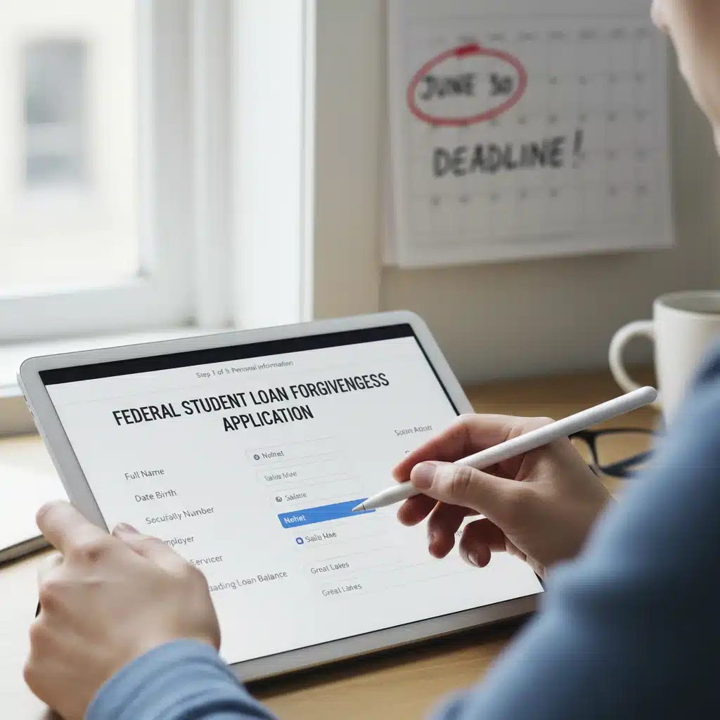 Person applying online for federal student loan forgiveness, emphasizing the application process and upcoming deadline.