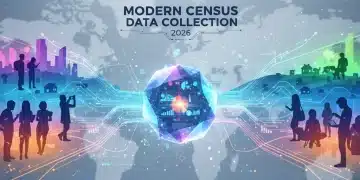 Futuristic infographic showing digital data flow from diverse communities for 2026 Census