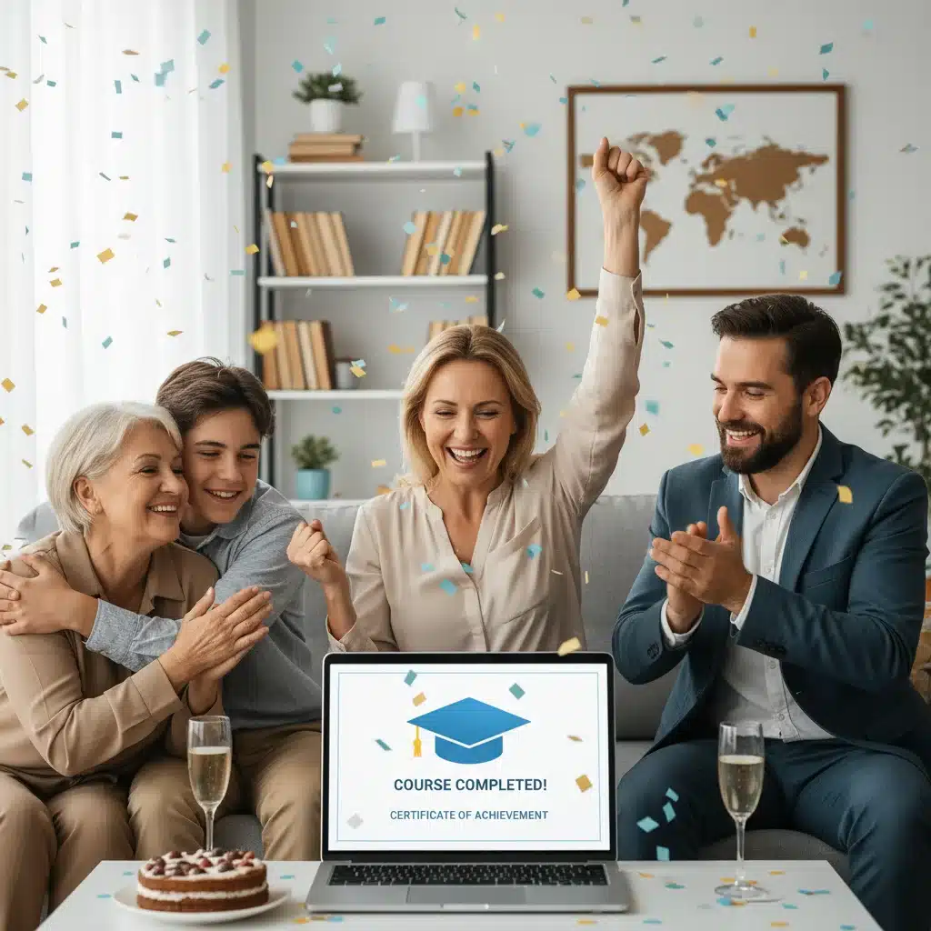 Adult learner celebrating successful completion of an online course.
