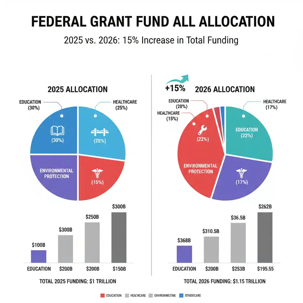 Infographic detailing federal grant fund allocation across sectors with 15% increase.