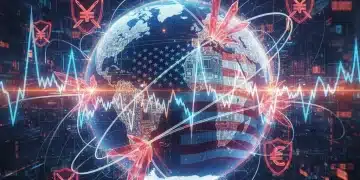 Global trade routes with tariff symbols impacting a stock market graph and the US economy.