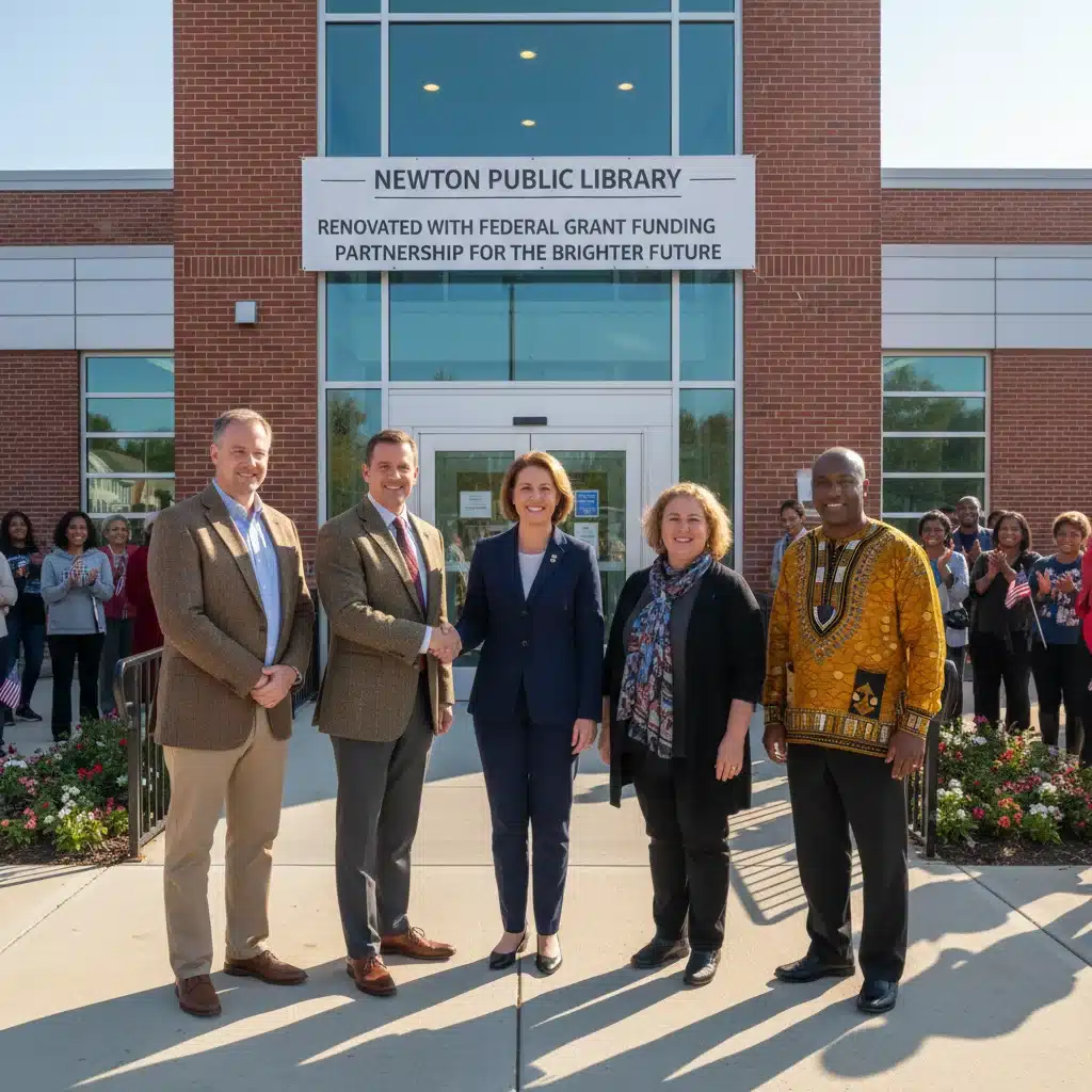 Local and federal leaders celebrating successful grant partnership at renovated library.