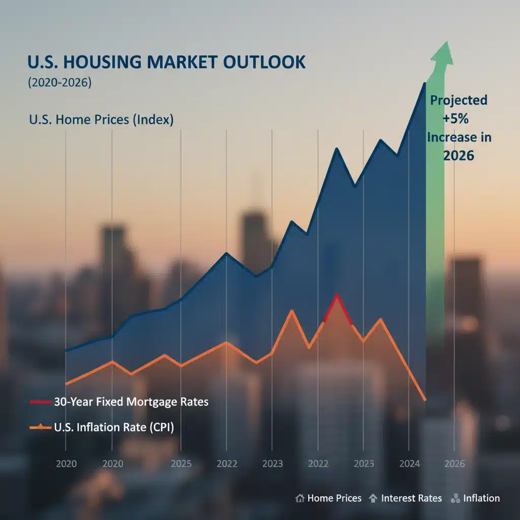 Chart depicting US home price trends and economic factors influencing the 2026 housing market.