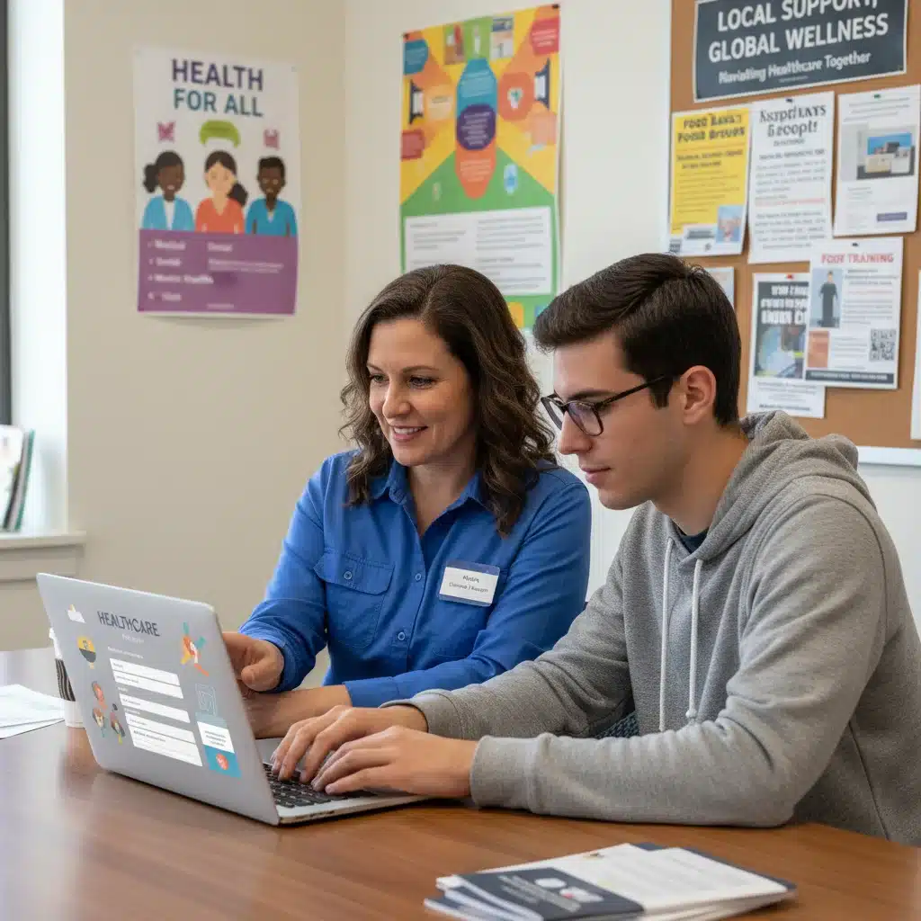 Community health worker assisting with Medicaid enrollment forms