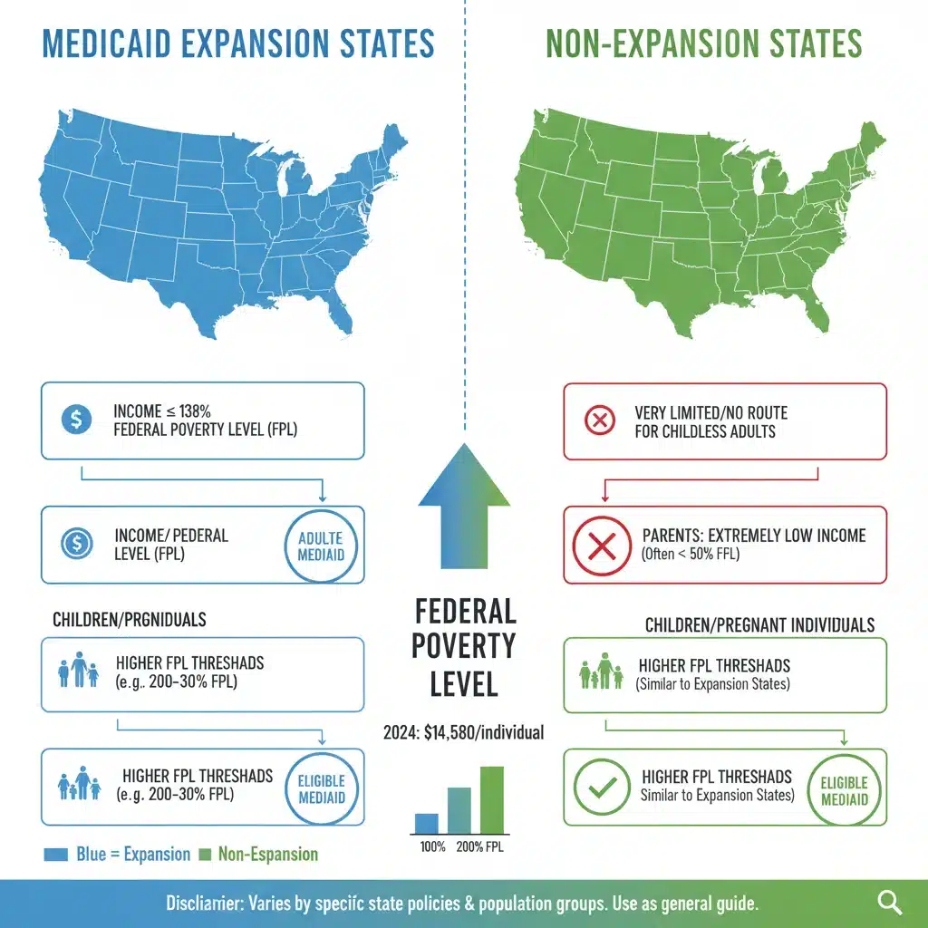 Infographic showing state-by-state Medicaid income eligibility criteria