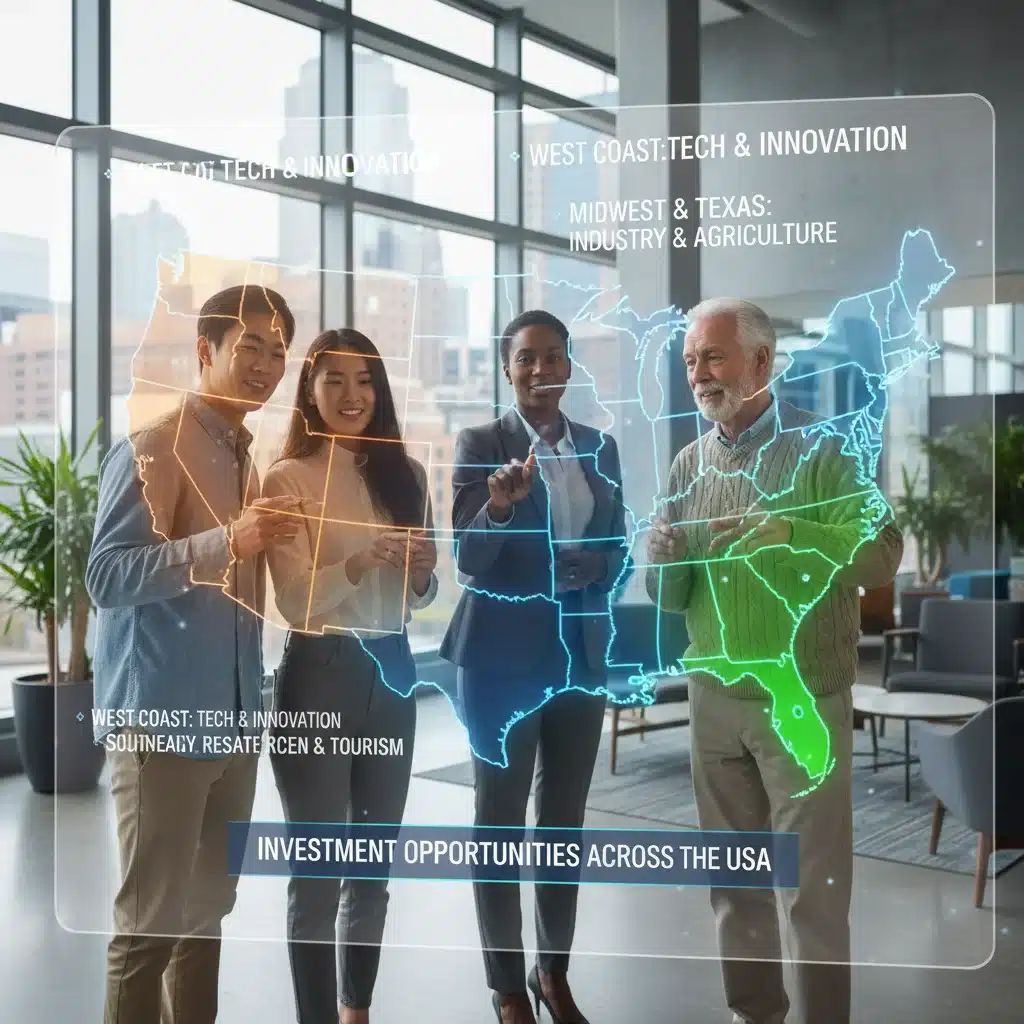 People analyzing a digital map for real estate investment opportunities in different US regions.