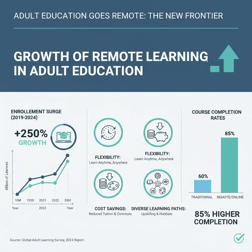 Infographic displaying growth statistics and benefits of remote adult education.