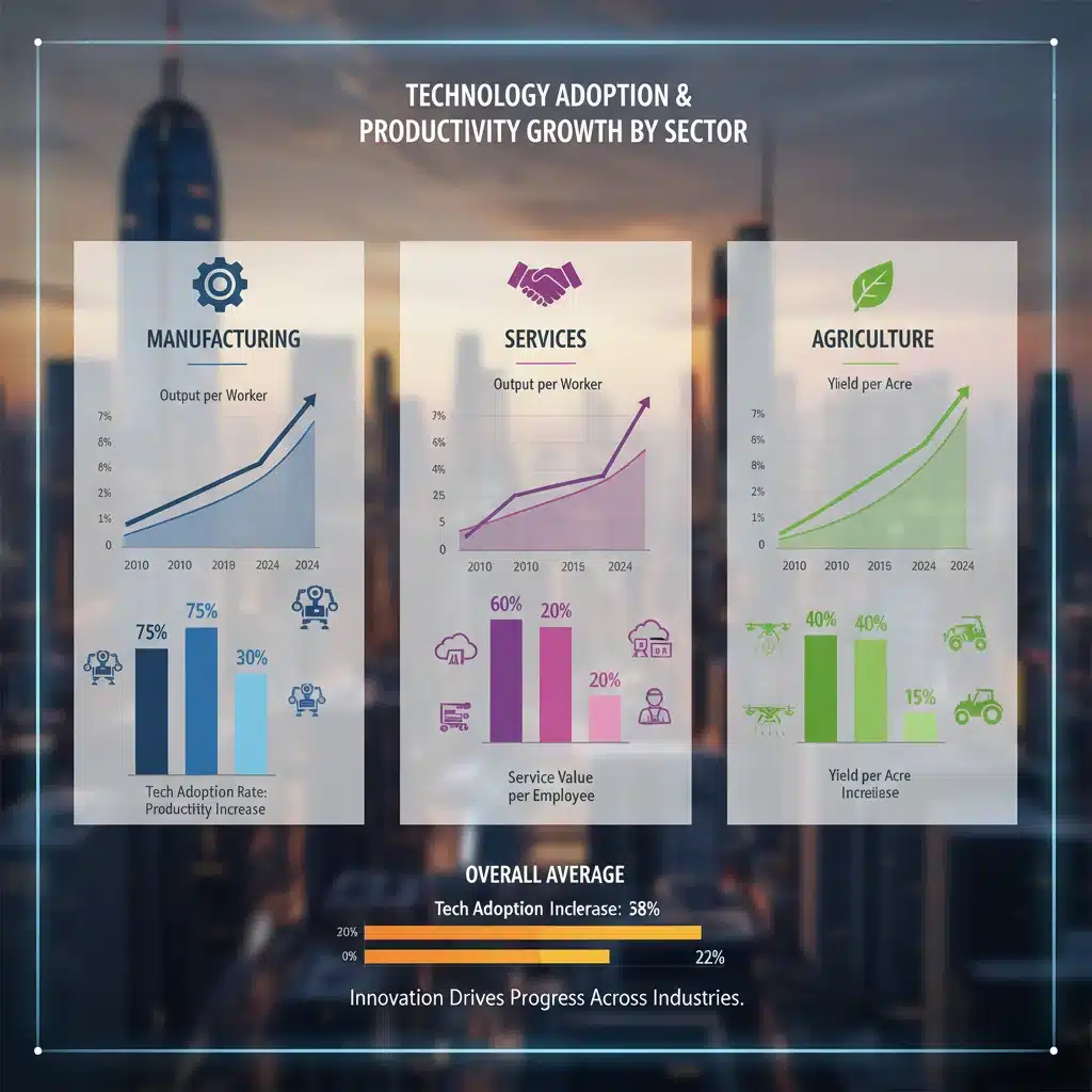 Infographic showing sector-specific technology adoption and productivity gains in the US economy.