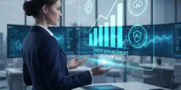 Professional analyzing career growth data with digital certifications