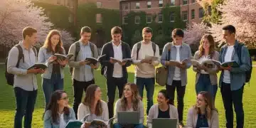 College students on campus discussing federal student aid options
