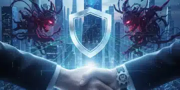 Local and federal government officials collaborating on cybersecurity, protecting digital infrastructure in a futuristic setting.