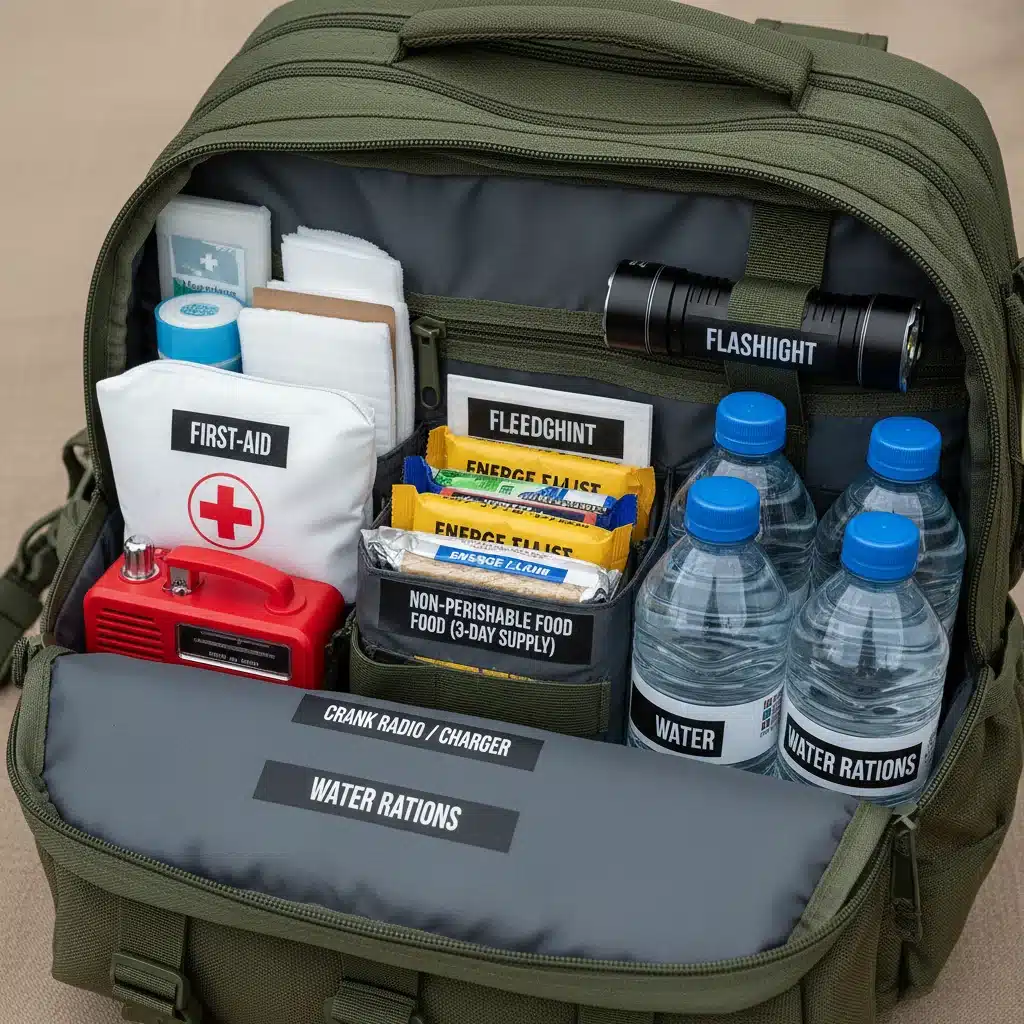 Well-organized emergency kit with essential survival items