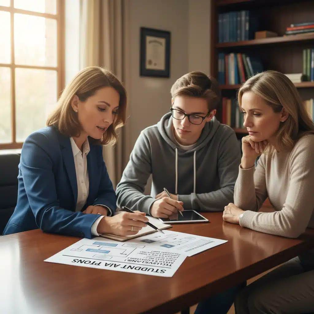 Financial advisor explaining student loan and grant options to a student and parent