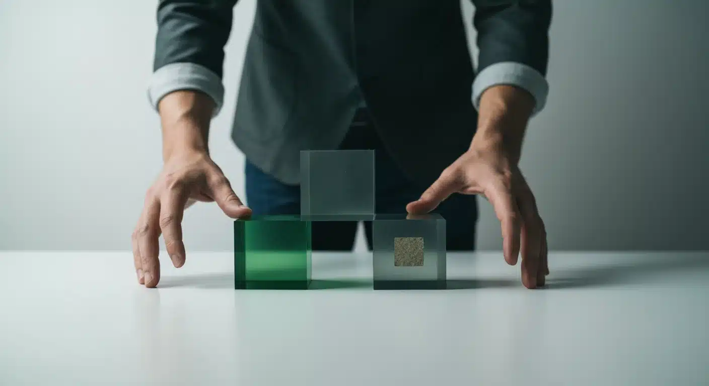 A person's hands interlocking translucent green and grey geometric blocks on a white surface, symbolizing the interconnected structure of government benefits and social safety nets.
