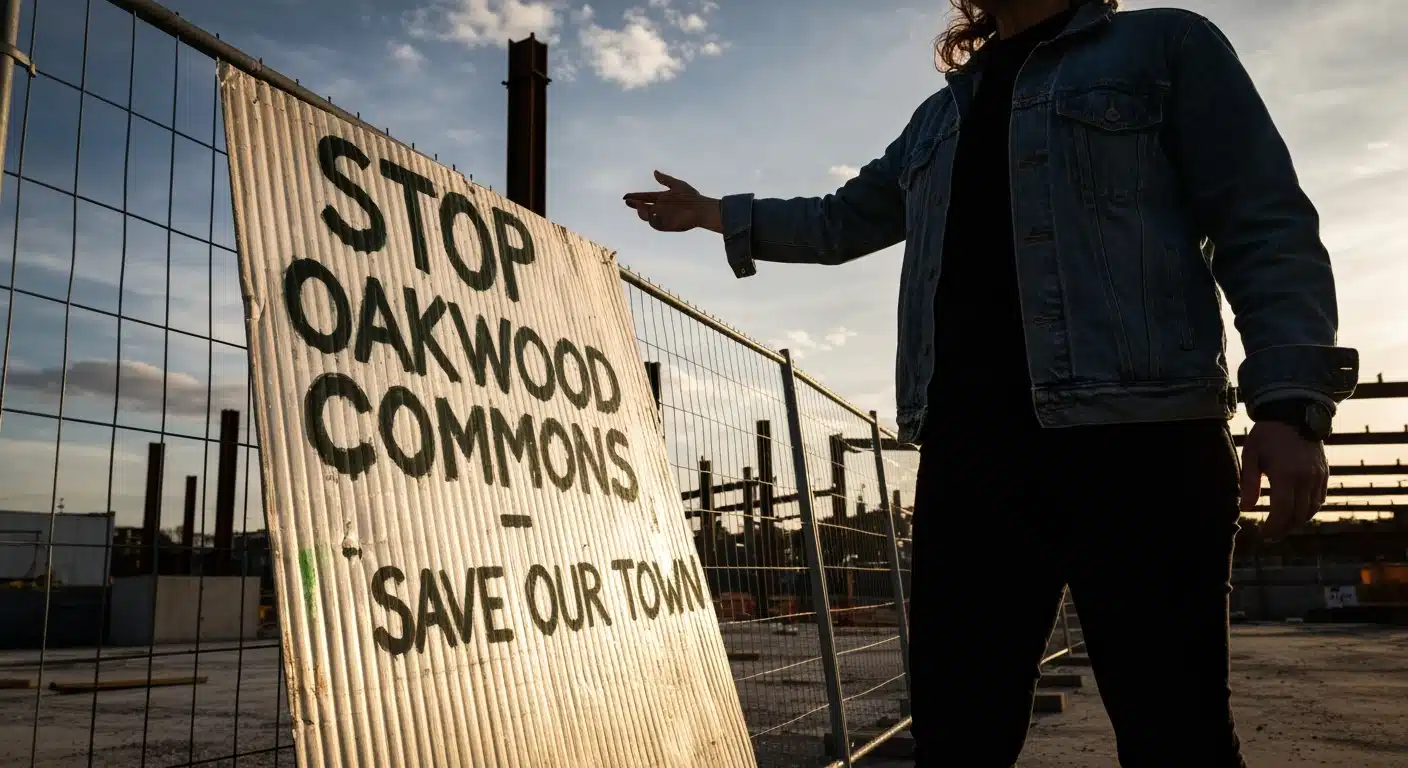 A community organizer gesturing at a weathered protest sign against a construction site at dusk, highlighting local development controversies.
