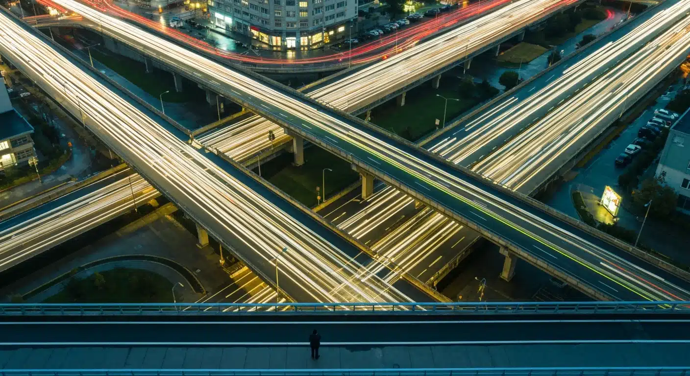 Aerial view of a complex urban road network at dusk, with streams of green and yellow car lights forming intricate geometric patterns, symbolizing evolving career paths.