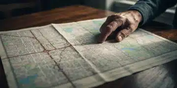 An aged person's hand tracing a complex, weathered street map on an antique oak table, illuminated by early morning light, symbolizing interconnected government assistance programs.