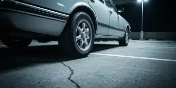 A vintage sedan with one underinflated tire in a dimly lit parking lot, symbolizing uneven economic recovery.