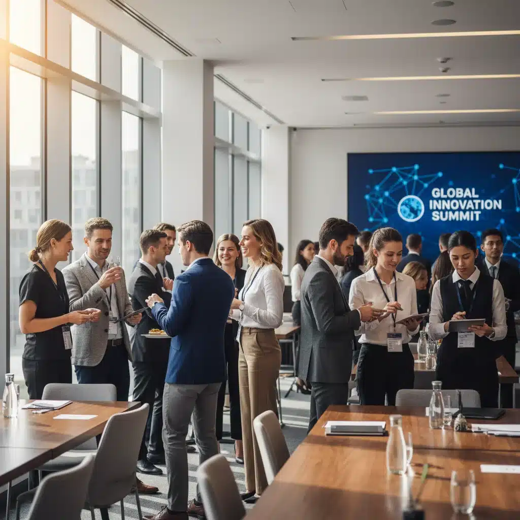 Diverse professionals actively networking at a conference