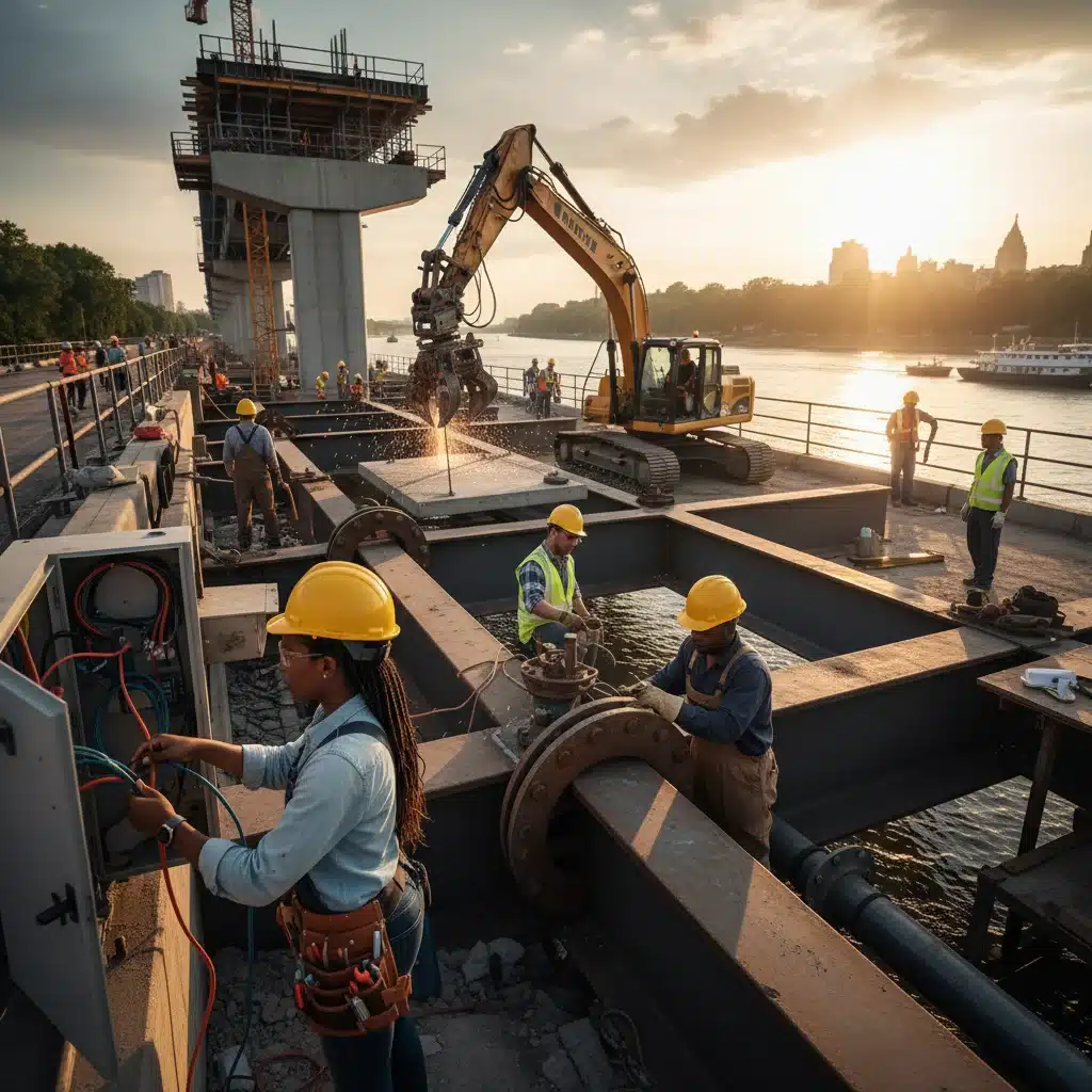 Skilled tradespeople working on a bridge construction site, representing diverse job opportunities in infrastructure.