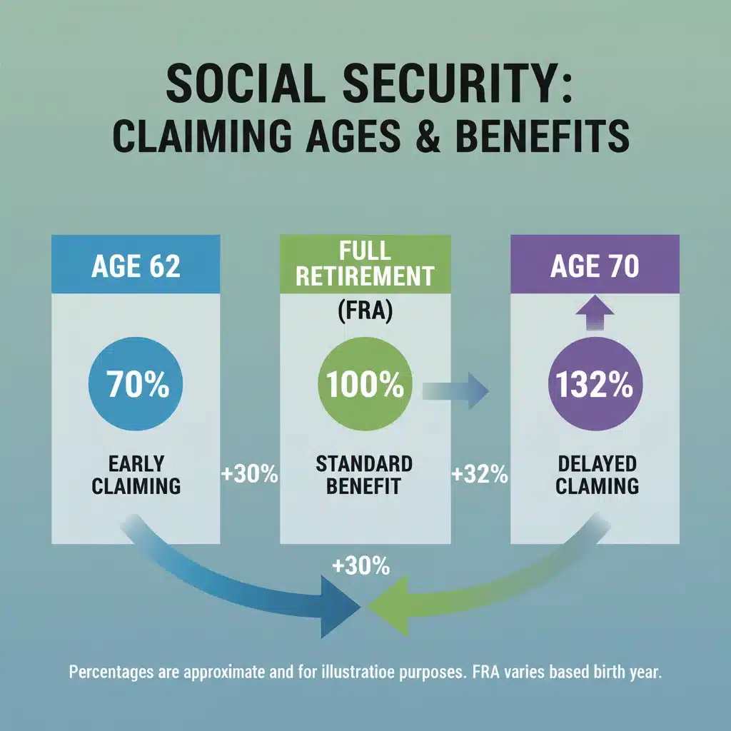 Infographic showing Social Security claiming ages and benefit percentages