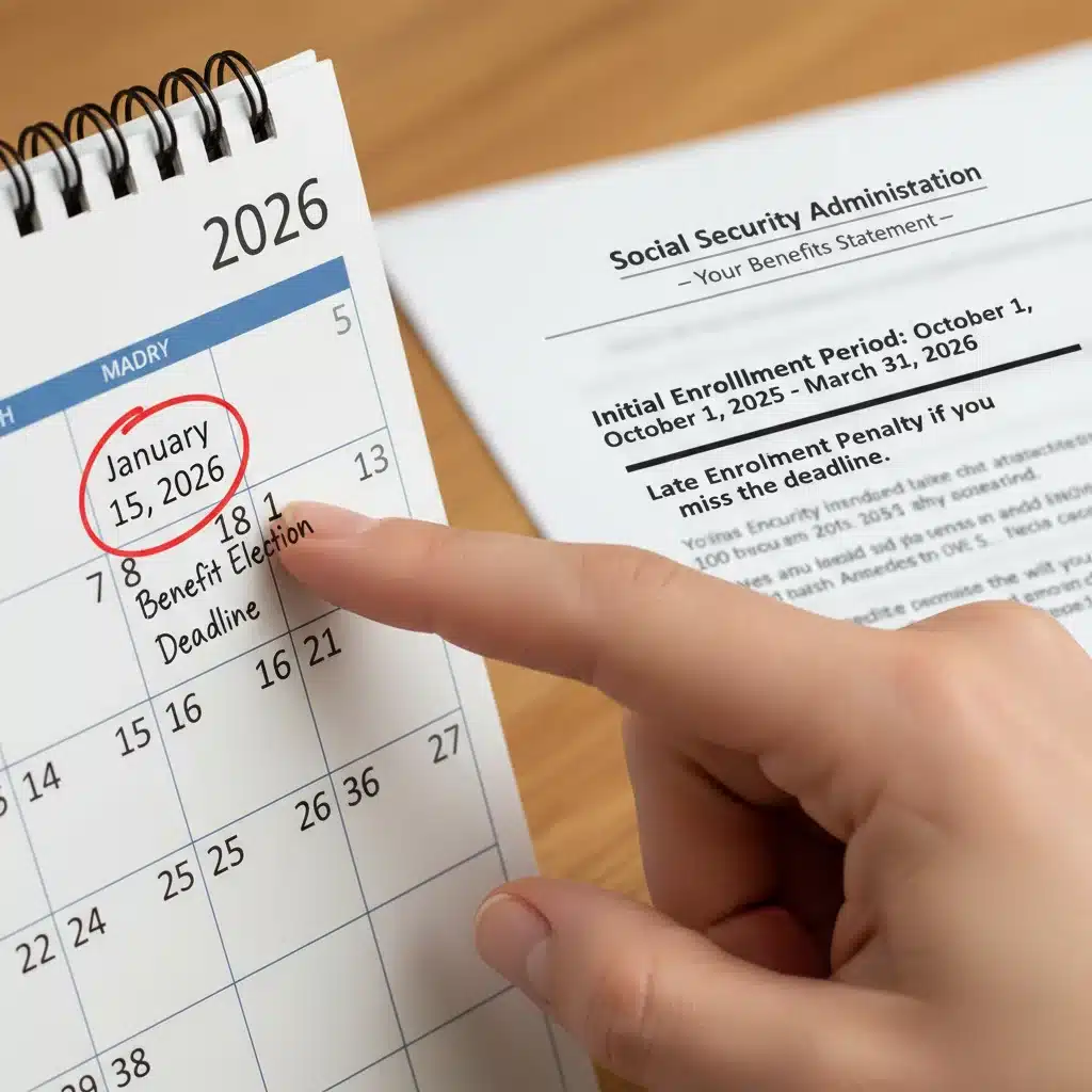 Hand highlighting 2026 date on calendar near social security statement