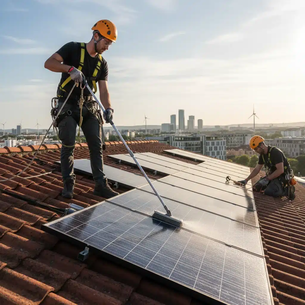 Solar panel technician maintaining rooftop solar installation, showcasing renewable energy career.