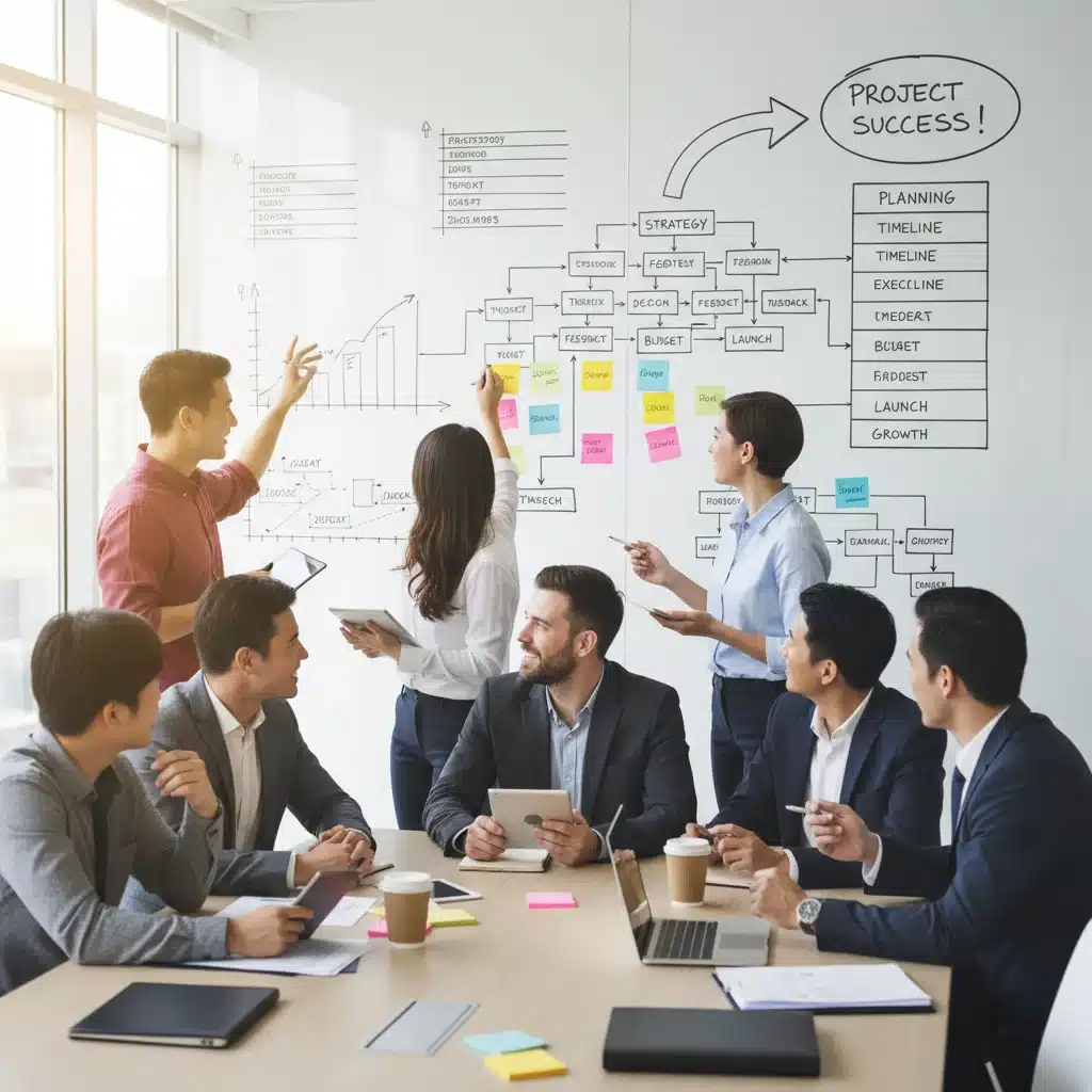 Diverse team collaborating on project management tasks