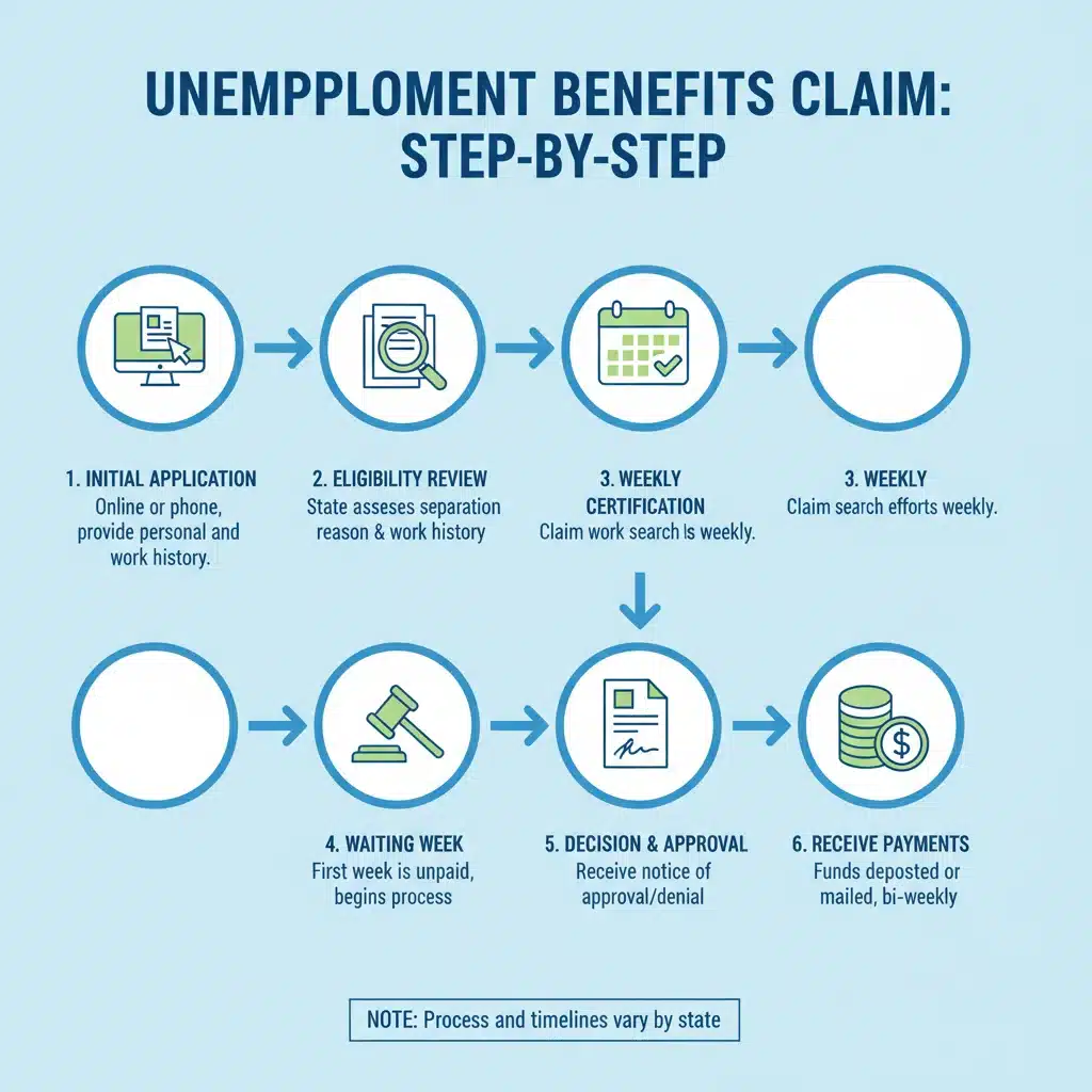 Infographic showing step-by-step unemployment benefits application process
