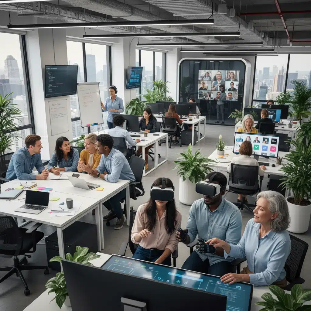 Workers engaging in upskilling and collaborative projects in a modern office.