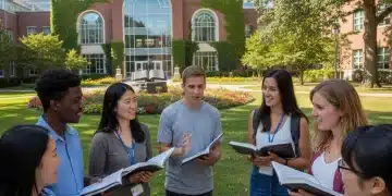 Diverse college students discussing financial aid on campus