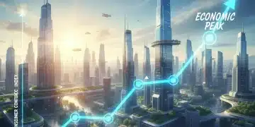 Graph showing rising consumer confidence with optimistic people and city skyline 2026