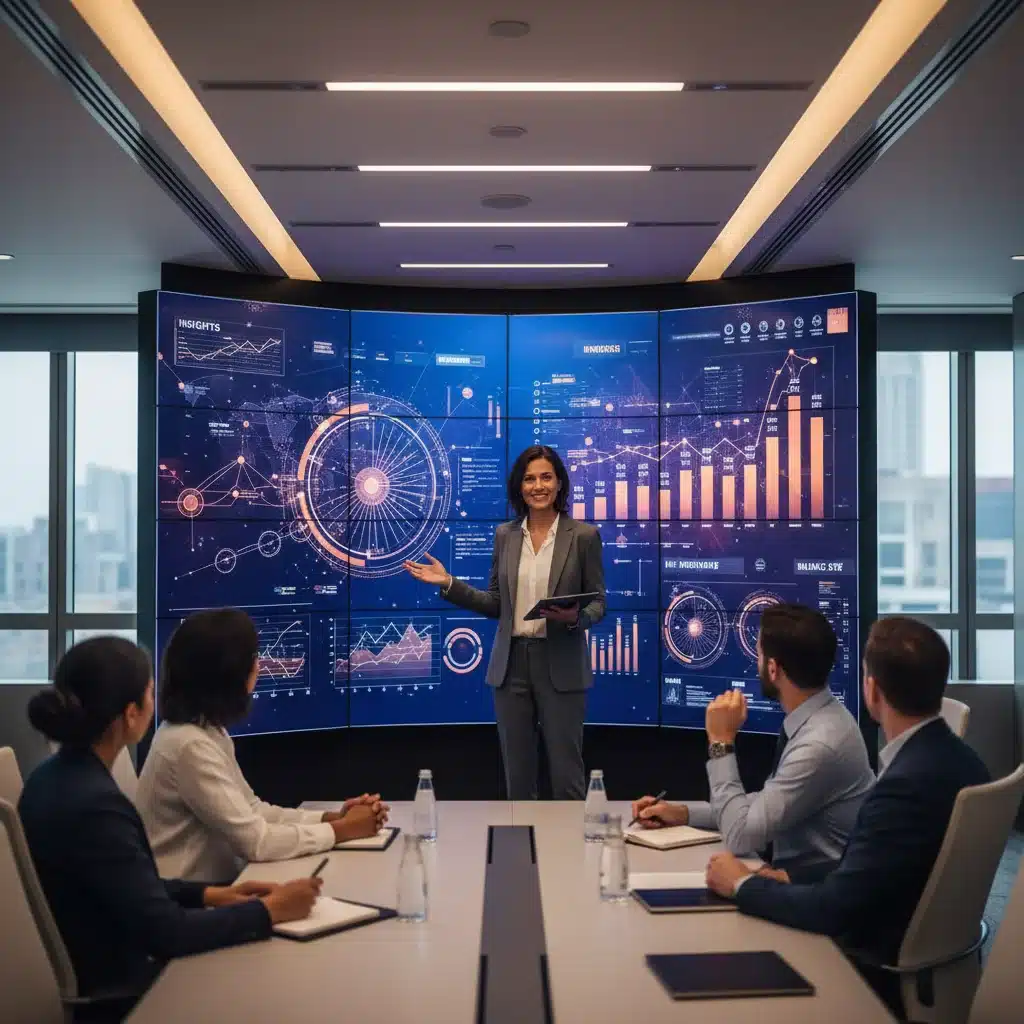 Presenter explaining data visualizations to an audience, highlighting effective communication.