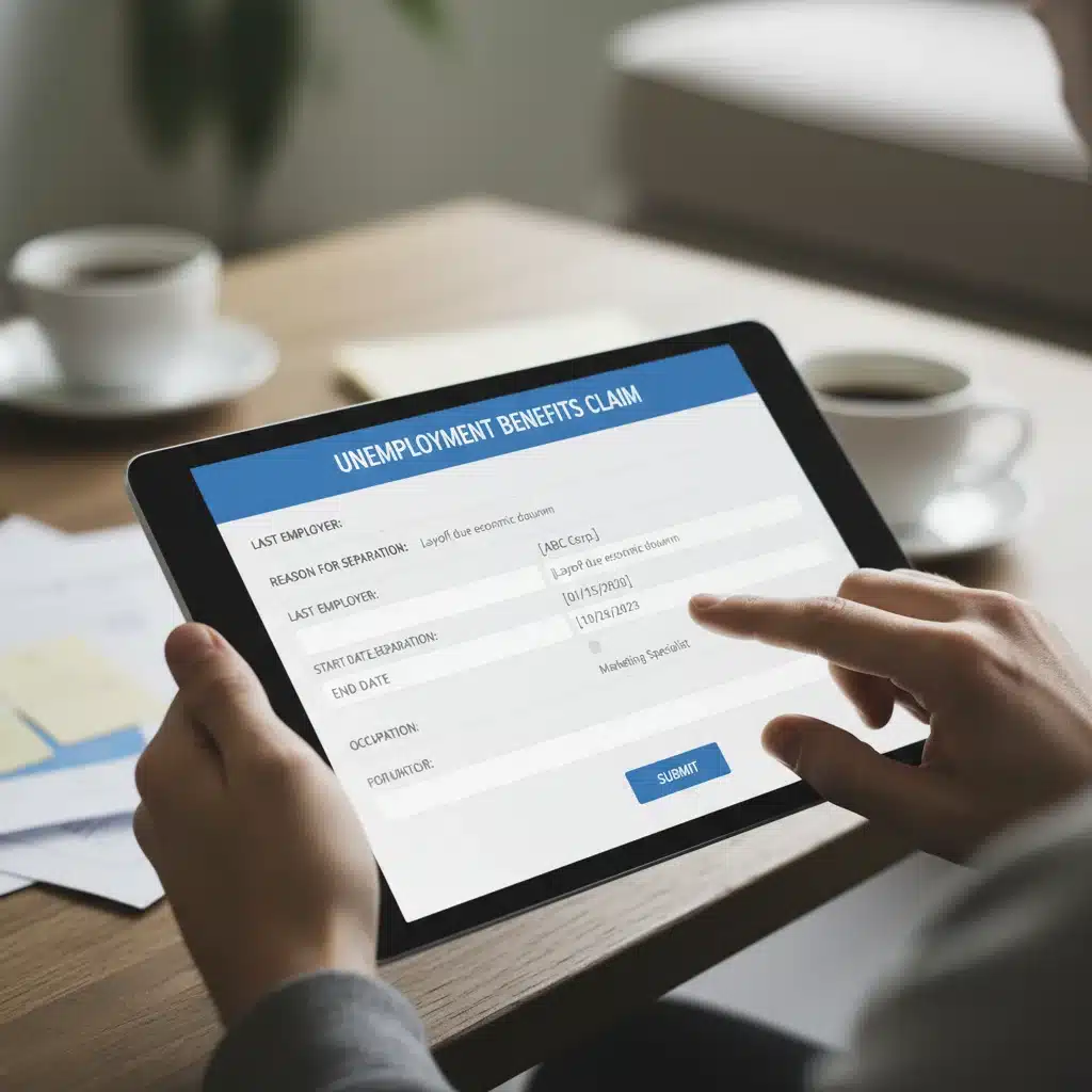 Hands completing digital unemployment claim form
