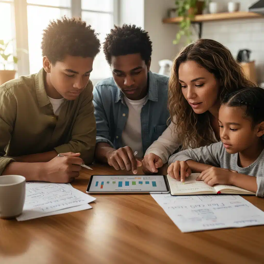 Family discussing budgeting and financial planning at kitchen table