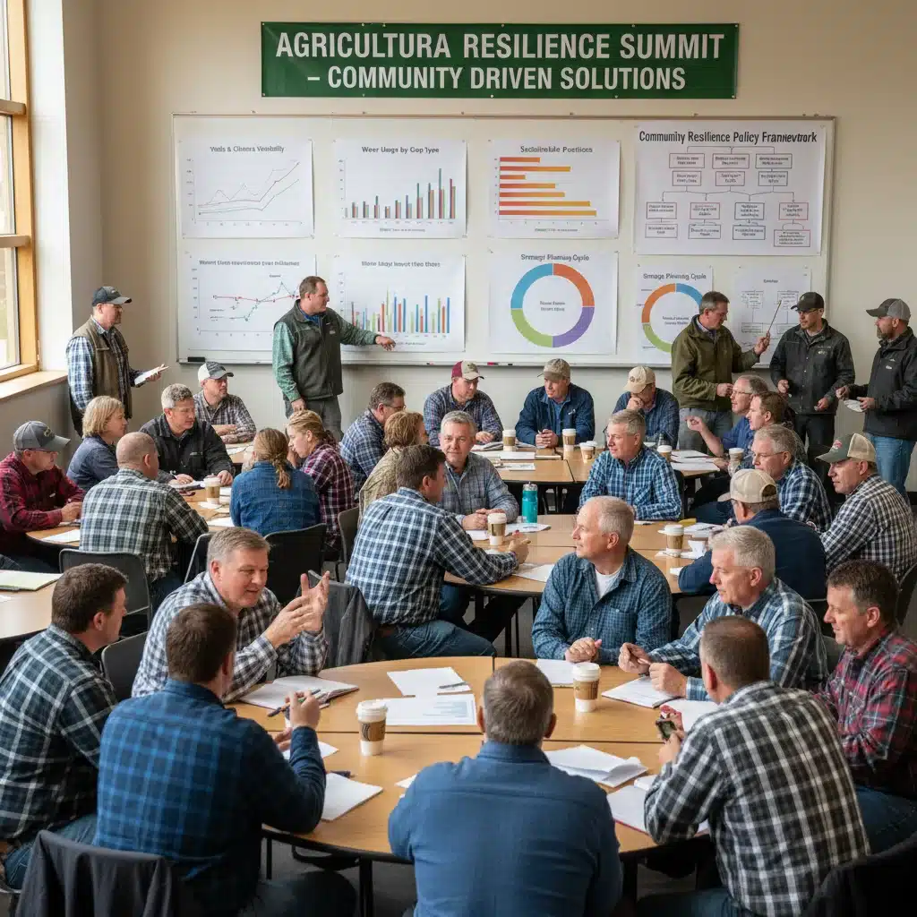 Farmers collaborating in a community meeting, discussing agricultural policy and strategy.