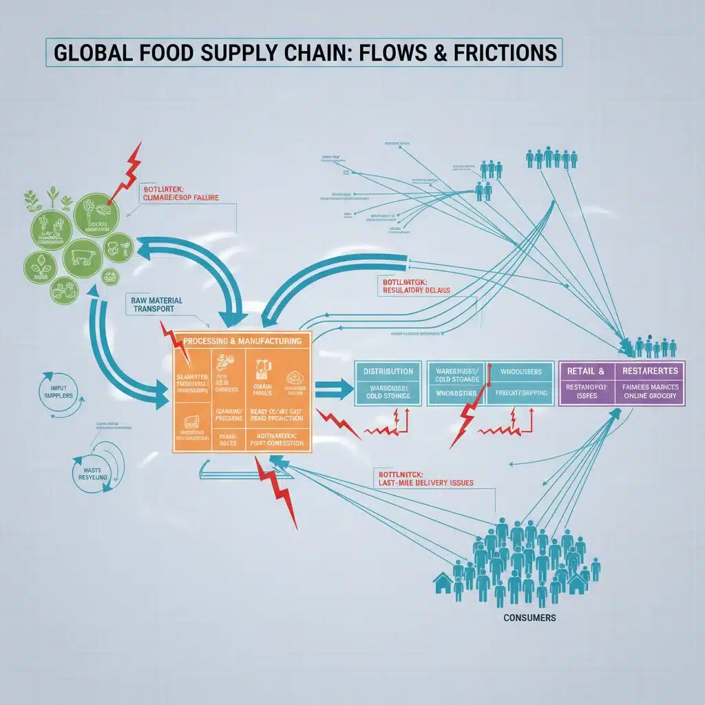 Detailed diagram of an interconnected food supply chain from farm to consumer.