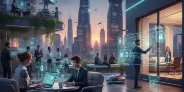 Diverse freelancers working in futuristic gig economy settings, emphasizing technology and flexibility.