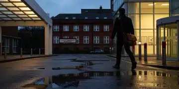 A person walking past a modern hospital and older city commerce building on an overcast evening, symbolizing shifts in the local job market from traditional to emerging sectors like healthcare and technical services.