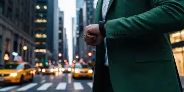 A person in a green jacket adjusting a smartwatch in a bustling financial district at dusk, symbolizing economic monitoring.