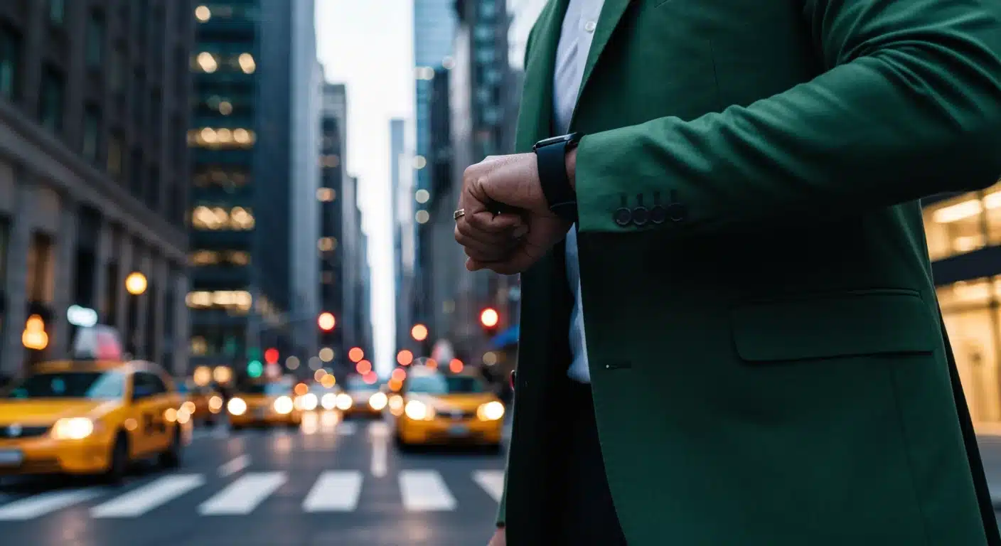 A person in a green jacket adjusting a smartwatch in a bustling financial district at dusk, symbolizing economic monitoring.