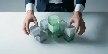 A person's hands constructing an intricate, unstable structure from geometric blocks, symbolizing career adaptation amidst job market changes driven by AI and automation.