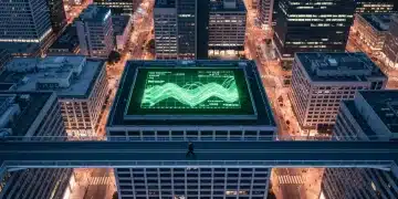 Aerial view of a financial district at pre-dawn with geometric street patterns and a glowing green digital projection of economic data, emphasizing global financial interconnectedness.