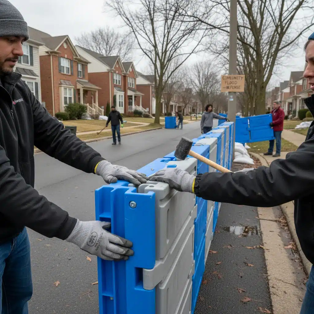 Local community members assembling flood barriers as part of a disaster preparedness exercise.