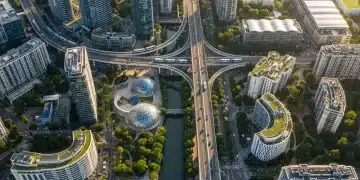 Modern city skyline with green parks and new infrastructure representing urban development success.