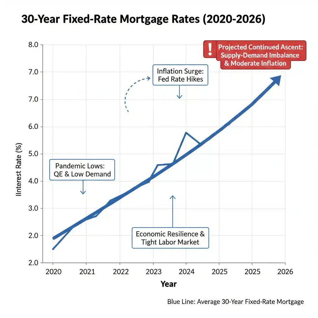 Chart illustrating the historical and projected increase in 30-year fixed mortgage rates up to 2026.